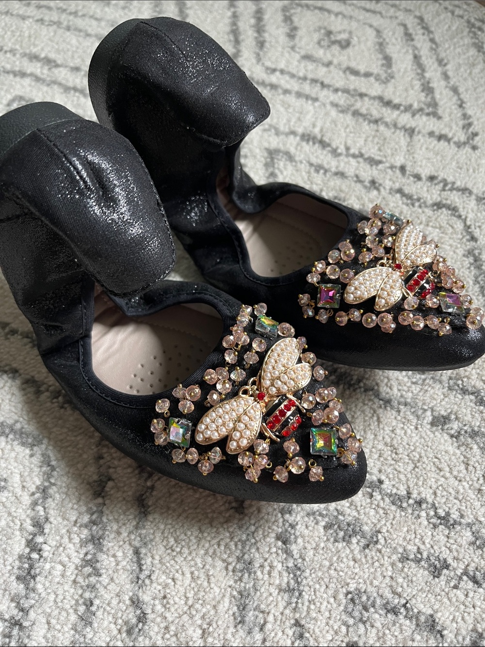 Black Embellished Bee Ballet Flats - Women's Folding Dress Shoes